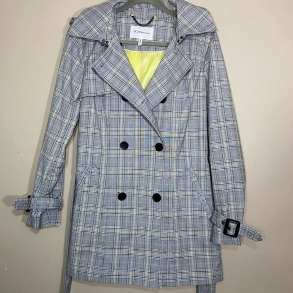 Bcbg plaid trenchcoat gray with green lining, hooded, XS